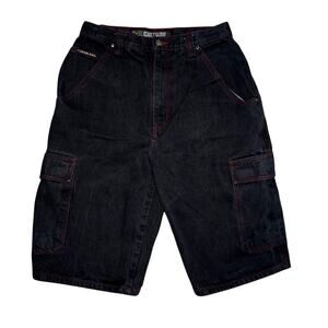 Vintage Y2K Culture Black Denim Cargo Shorts Men’s 32 Red Stitch Baggy Skate